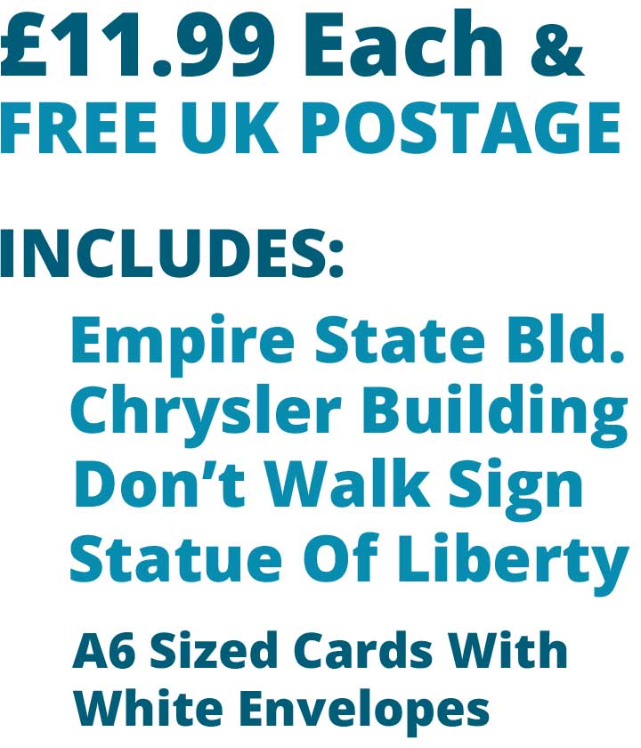 New York City Icons Singles - 4  Card Set £11.99 Includes Empire State Building, Chrysler Building, Dont Walk Sign, Statue Of Liberty Cards
